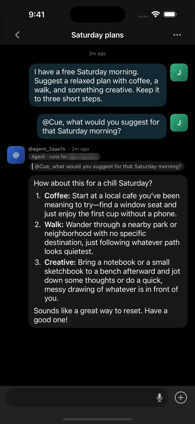 A group conversation on iPhone where a mention of Cue gets a plan for Saturday