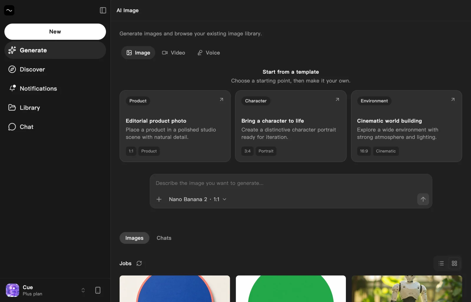 Generate with the Image tab open: Product, Character and Environment templates, the prompt box and a list of finished images